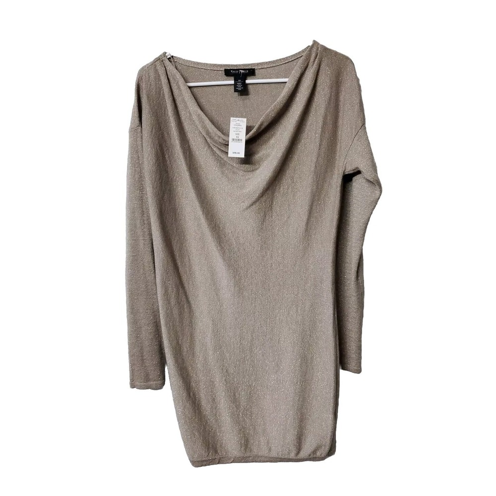 WHBM Nude Shimmer Lurex Drape Tunic Cashmere Blend Longsleeve‎ Sz XS NWT Stretch